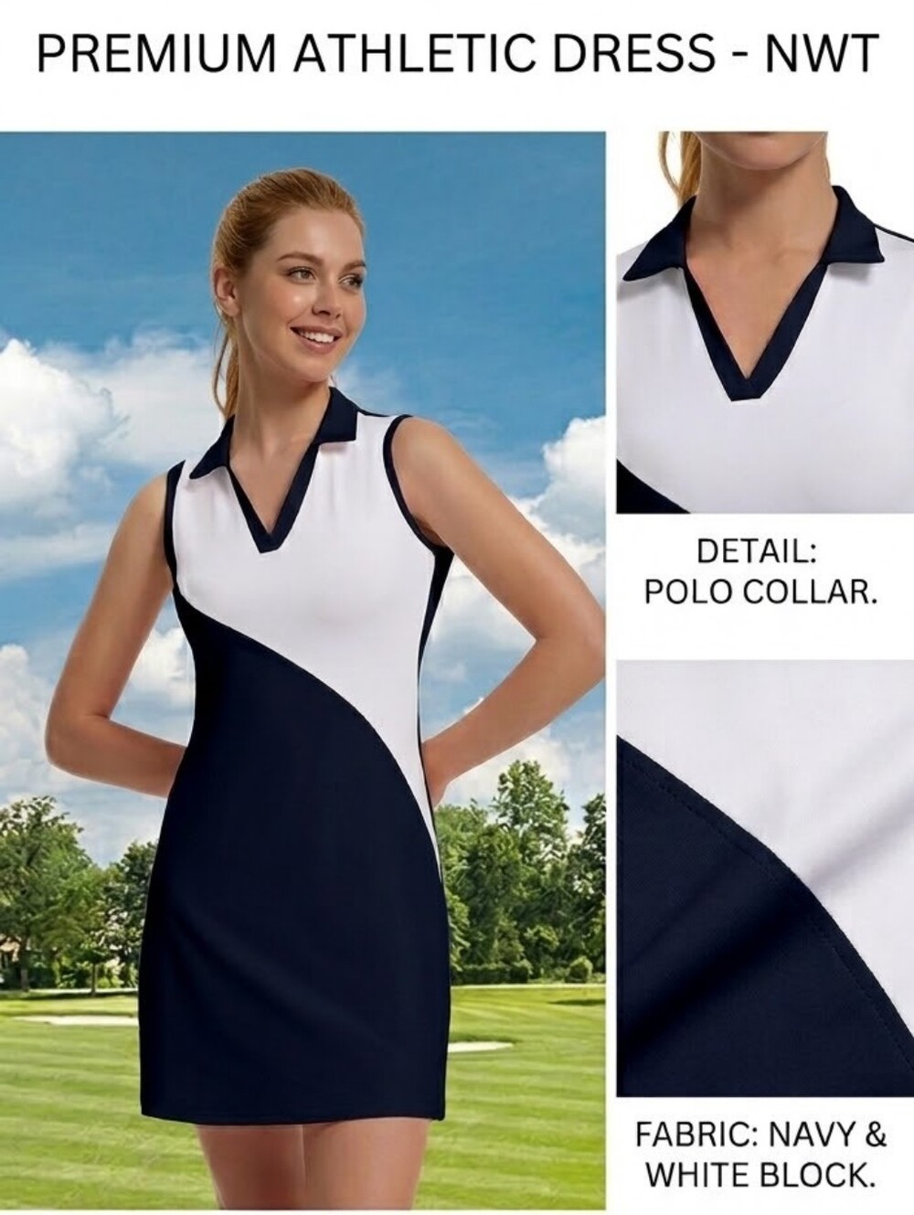 Women's Sleeveless Navy/White Polo Dress Collar Lightweight Golf Tennis Sz L NWT